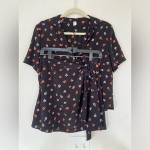BP Nordstrom 2 Piece Skirt Set Black Wrap Floral Button Up Top S/Skirt M